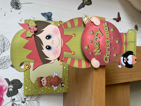 3D Christmas On the Shelf Card Kit -  Cute Little Elf has an Xmas Bauble with Greetings Sentiments by BECCY WILTON