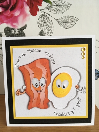 Funny food themed valentine card topper with bacon and egg for 6 x 6 card by BECCY WILTON