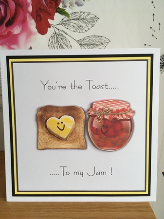 Funny food themed valentine card topper with toast and jam for 6 x 6 card by BECCY WILTON