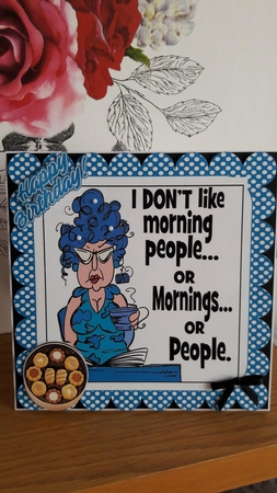I Just Dont Do Mornings! Coffee with biscuits and blue rinse (blue polkadot) 8x8 by BECCY WILTON