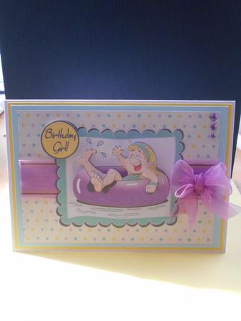 Inner Tube Girl - A5 Decoupage Card - Purple & Aqua by BECCY WILTON