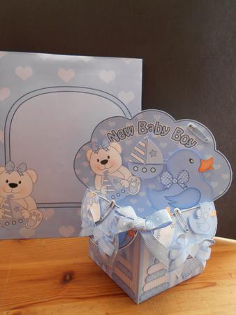 3D New Baby Boy Diagonal Rubber Band Pop Up Box Card by BECCY WILTON