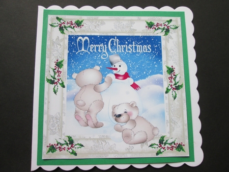 cute teddy bears and snowman playing in the snow 8x8 by BELINDA ABRAHAM