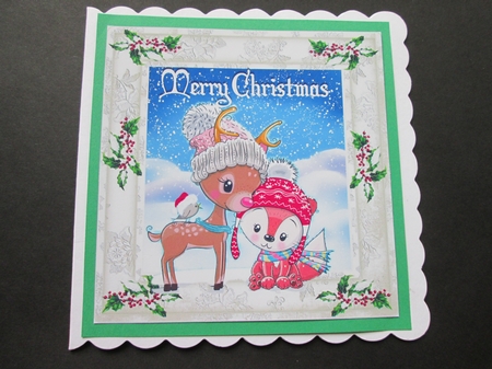 cute little reindeer and fox together in the snow 8x8 by BELINDA ABRAHAM