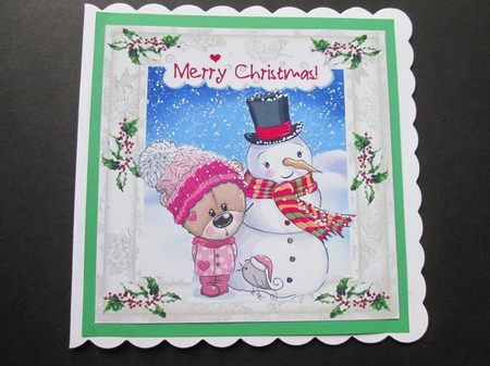 Snowman and bear in the snow 8x8 by BELINDA ABRAHAM