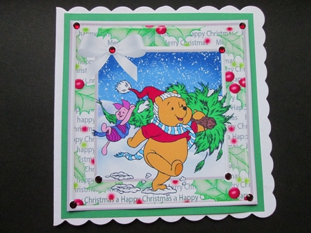 Pooh bear and piglet carrying a christmas tree 8x8 by BELINDA ABRAHAM