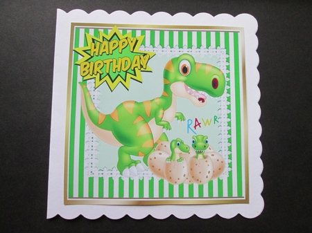 RAWR Cute baby dinos hatching with mum in green striped 8x8 frame by BELINDA ABRAHAM