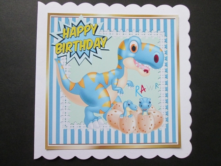RAWR Cute baby dinos hatching with mum in Blue striped 8x8 frame by BELINDA ABRAHAM