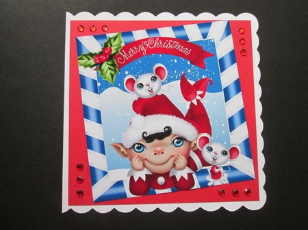 santas elf in red with cheeky mice 8x8 by BELINDA ABRAHAM