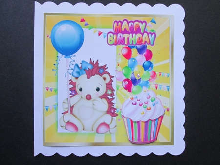Cute hedgehog with blue balloon and birthday cake 8x8 by BELINDA ABRAHAM