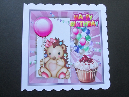 Cute hedgehog with pink balloon and birthday cake 8x8 by BELINDA ABRAHAM