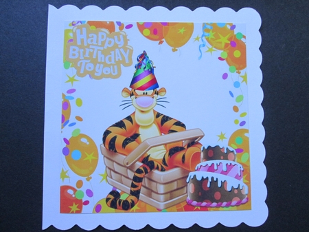 Tigger in party hat with birthday cake 8x8 by BELINDA ABRAHAM