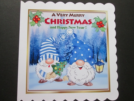 Cute gnomes in blue in snow scene with holly 8x8 by BELINDA ABRAHAM