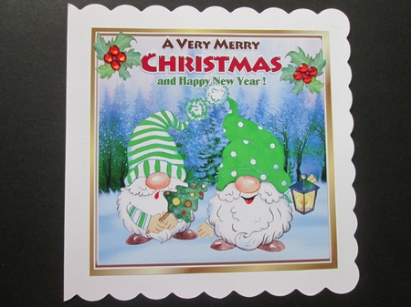 Cute gnomes in green in snow scene with holly 8x8 by BELINDA ABRAHAM