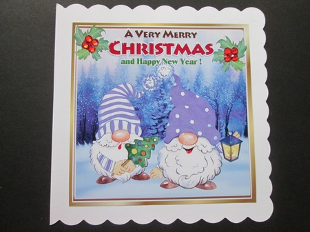 Cute gnomes in purple in snow scene with holly 8x8 by BELINDA ABRAHAM