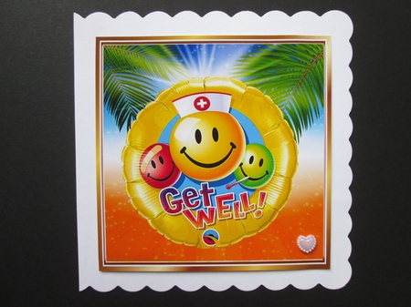 Lovely smilie faces balloons get well with palms 8x8 by BELINDA ABRAHAM