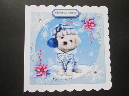 4 Cute westies with snow pink flowers 8x8 card front mini kits by BELINDA ABRAHAM