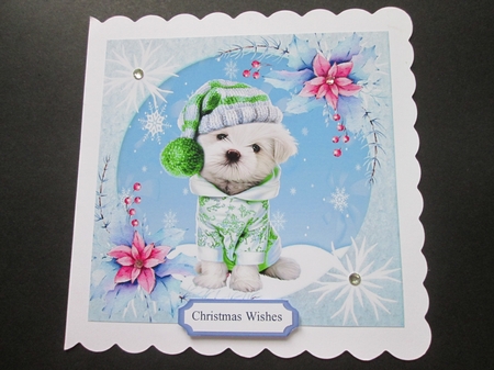  4 Cute westies with snow pink flowers 8x8 card front mini kits by BELINDA ABRAHAM