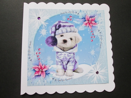  4 Cute westies with snow pink flowers 8x8 card front mini kits by BELINDA ABRAHAM