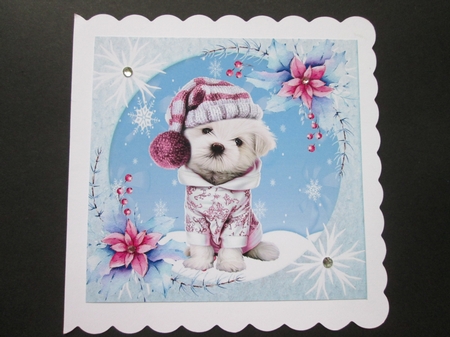  4 Cute westies with snow pink flowers 8x8 card front mini kits by BELINDA ABRAHAM