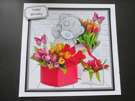 Tatty Teddy with Spring Tulips and Butterflies for Birthday or Mothers Day by BELINDA ABRAHAM