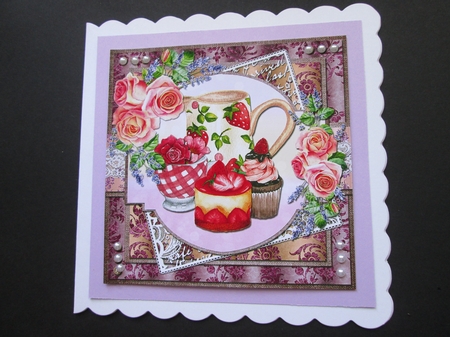 Shabby Lace Florals 10: Strawberry Tea 8 x 8 Quick Card Front with Sentiments by BELINDA ABRAHAM