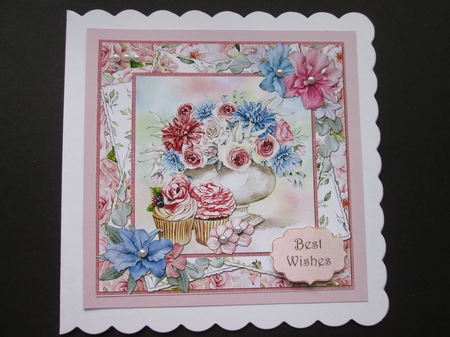 Pretty Pink 13: Rose Bowl, Cupcakes & Clematis 8 x 8 Quick Card Front with Sentiments by BELINDA ABRAHAM