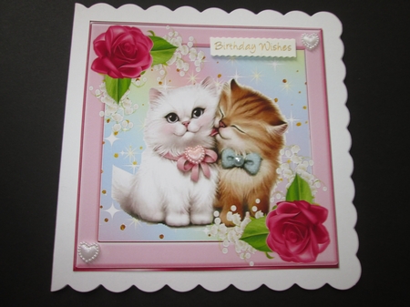 Kittens cuddling with pink corner roses 8x8 by BELINDA ABRAHAM