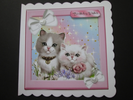 Kittens cuddling with corner white diamante bows 8x8 by BELINDA ABRAHAM