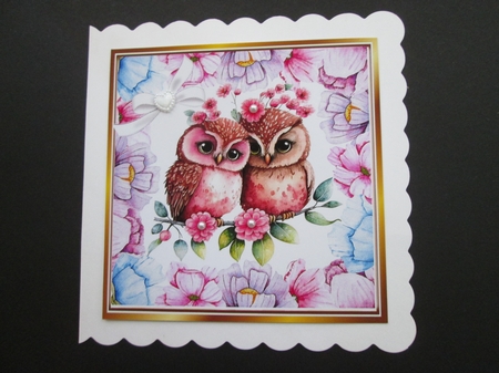 4 Lovely Owls Together in Lilac/Pink Flowers 8x8 cards Mini kit  by BELINDA ABRAHAM