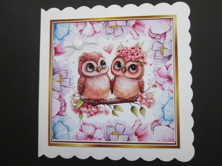  4 Lovely Owls Together in Lilac/Pink Flowers 8x8 cards Mini kit  by BELINDA ABRAHAM