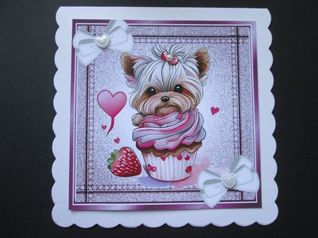 Lovely Terrier in a cupcake in Stitched  Denim Pink Card 8X8 by BELINDA ABRAHAM