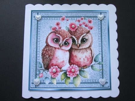 Lovely Owls Cuddling Stitched Denim Blue Card Fronts by BELINDA ABRAHAM