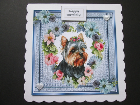 Lovely Yorkie in Heart Flower Wreath Denim Frame 8X8 by BELINDA ABRAHAM