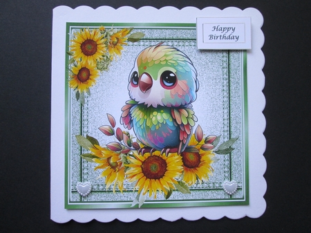 Lovely Budgie With Sunflowers In Green Denim 8x8 frame  by BELINDA ABRAHAM