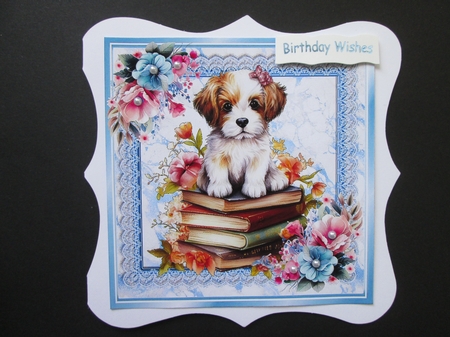 Cute Puppy With Books & Blue Lace With Flowers 8x8 (two) by BELINDA ABRAHAM