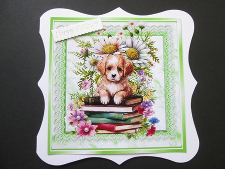 Cute Puppy With Books & Green Lace With Flowers/Daisies 8x8 (three) by BELINDA ABRAHAM