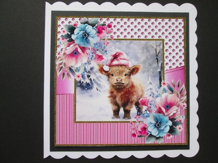  4 Baby Highland Cows In Christmas Pink Dotty 8x8 Frame Mini Kit by BELINDA ABRAHAM