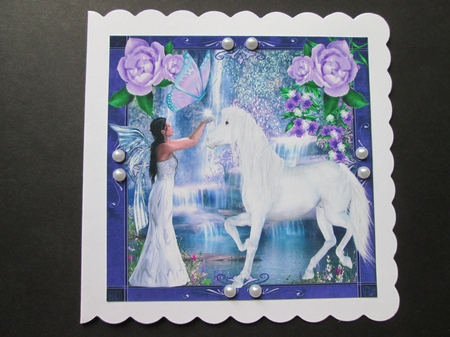 White Horse with Faerie and Fantasy Flowers 8x8 by BELINDA ABRAHAM