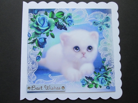 White Kitty with Sparkle Butterfly and Blue Roses 8x8 by BELINDA ABRAHAM