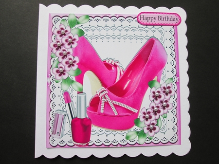 Pretty Cerise Shoes on Lace with Flowers & Lippy 8x8 by BELINDA ABRAHAM