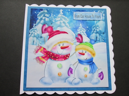 Whimsical happy snowmen in the snow 8x8 by BELINDA ABRAHAM