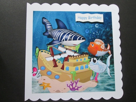 Just keep smiling! big shark in the ocean with shipwreck 8x8 by BELINDA ABRAHAM