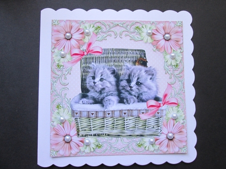 Cute Kittens in a basket in peach floral frame with bows 8x8 by BELINDA ABRAHAM