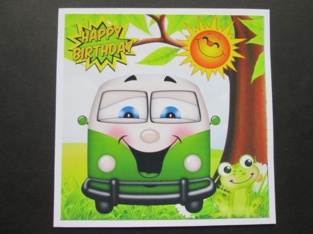 HAPPY CAMPERS! Toony faced campervan in green with frog 8x8 by BELINDA ABRAHAM
