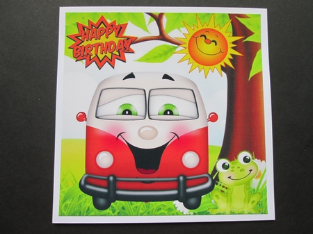 HAPPY CAMPERS! Toony faced campervan in orange with frog 8x8 by BELINDA ABRAHAM