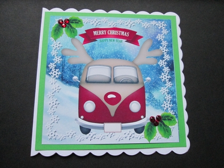  4 HAPPY CHRISTMAS! Toony faced campervans in colours card fronts 8x8 kit (One) by BELINDA ABRAHAM