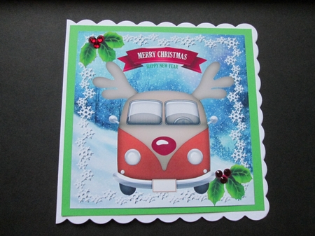  4 HAPPY CHRISTMAS! Toony faced campervans in colours card fronts 8x8 kit (One) by BELINDA ABRAHAM