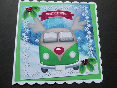  4 HAPPY CHRISTMAS! Toony faced campervans in colours card fronts 8x8 kit (One) by BELINDA ABRAHAM