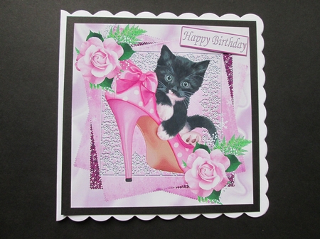 Cute black kitten in shoe with pink roses 8x8 by BELINDA ABRAHAM